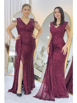 The Zks- Kadın Kruvaze Yaka Omuz Detay Pul Payet Büyük Beden Abiye Elbise Bordo, Pudra, Mor, Lila, Siyah, Haki, Lacivert