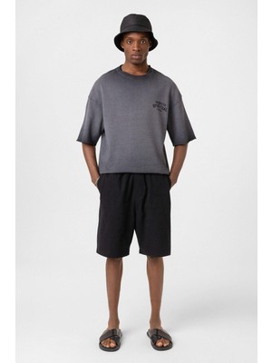 Vamos Yıkamalı Oversize Triko Tişört Siyah