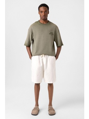 Vamos Yıkamalı Oversize Triko Tişört Haki