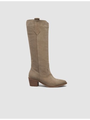 Cabani %100 Hakiki Süet Deri Vizon Diz Altı Kadın Topuklu Çizme