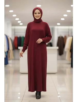 Tesettür Diyarı Rona Mevsimlik Fitilli Triko Elbise- Bordo Standart (36-42 Uyumlu)