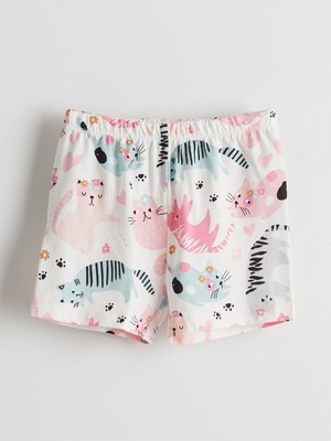 Lc Waikiki Kız Bebek Şort Beli Lastikli Baskılı %100 Pamuk Ekru Renkli Kedi Desenli