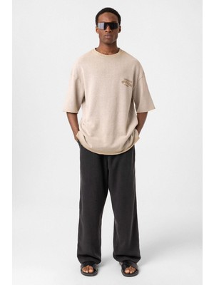 Vamos Yıkamalı Oversize Triko Tişört Taş