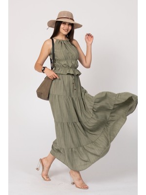 AURA 7 Collection Kadın Giyim Boyndan Bağlamalı ve Gipeli Bluz Etek Takım