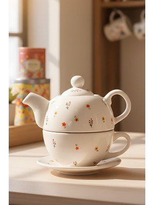 Minimal Çiçekli Amore 4 Parça Demlik & Fincan Seti