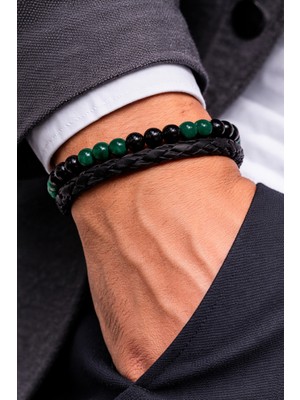Herşey Nota Emerald Core – Yeşil & Siyah Doğal Taşlı Örgü Deri Erkek BILEKLIK-50-679