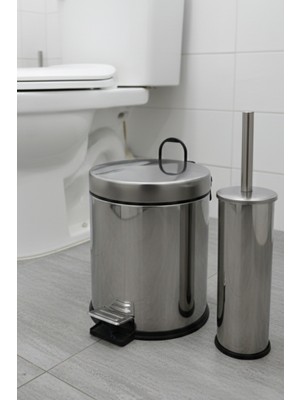 Paslanmaz Lüx Krom Banyo Seti - 5 Litre Pedallı Çöp Kovası ve Wc Tuvalet Fırçası Takımı