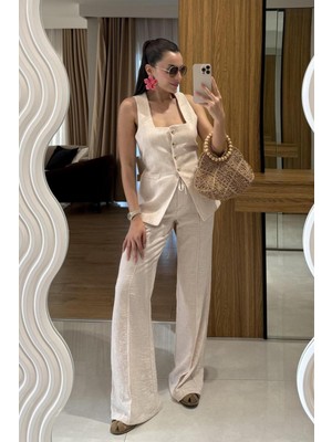 AURA 7 Collection Kadın Giyim Kare Yaka Bej Keten Yelekli Takım