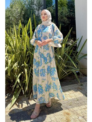 Tesettür Diyarı Kadın Yazlık Kumaş Tril Tril Çiçekli Gömlek Elbise-Bebe Mavisi