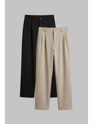 Erkek Baggy Fit 2'li Kumaş Pantolon Siyah Bej