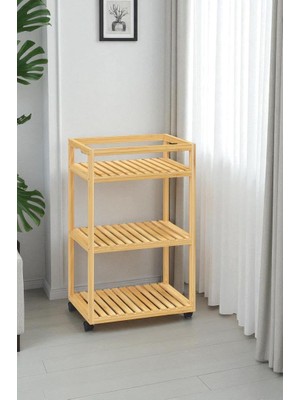 Braventa Collection Digithome Bambu 3 Raflı Tekerlekli Sunum Servis Arabası Mutfak Rafı Sehpa Banyo Rafı DB-0029