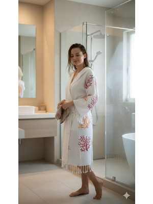 Nevin Acar Turuncu Baskılı Mercan Bambu Peştemal Bornoz