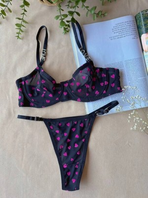 Arona Kadın Love Serisi Kalpli Brode Işlemeli Sütyen Takımı Siyah