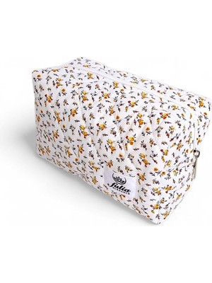 Braventa Collection Makyaj Çantası | Makeup Bag | Kapitone Bakım Seyahat Kozmetik Çantası (Beyaz-Sarı)