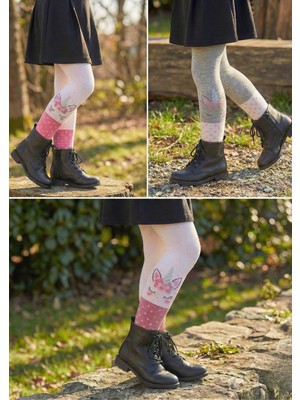 Pink Bunny Hstoree Kız Çocuk 3'lü Paket Unicorn Desenli Puantiyeli Pamuklu Külotlu Çorap Seti