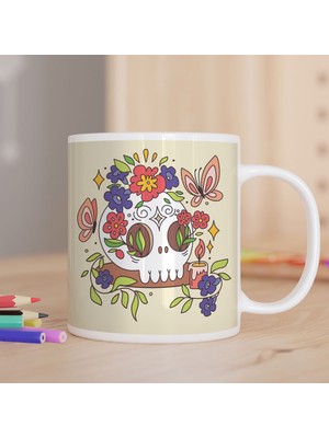 Asilmeydan Çiçekler İçinde Kuru Kafa Baskılı Hediyelik Kupa Bardak