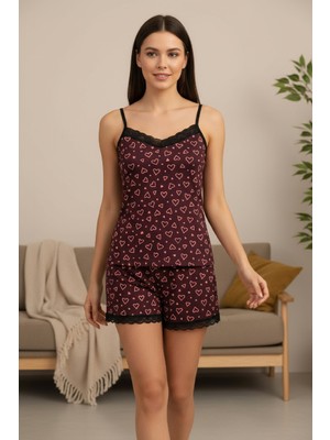 Kadın Mor Kalp Desenli Askılı Şortlu Dantelli Pijama Takımı