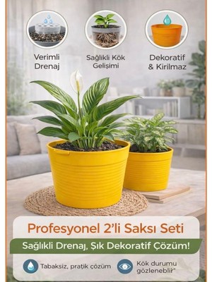 2'li Saksı Seti - 15 Pot Üretim + 1,8 Litre Sarı Dekoratif Kırılmaz Saksı | Tabaksız Uyumlu