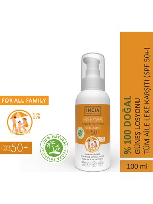 INCIA %100 Doğal ve Organik Tamanu Yağlı Güneş Losyonu Mineral Filtreli Tüm Aile Için 50 SPF 100 ml