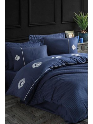 Aesco Elegant Nakışlı Pamuk Saten Çift Kişilik Nevresim Takımı Olimpos Lacivert