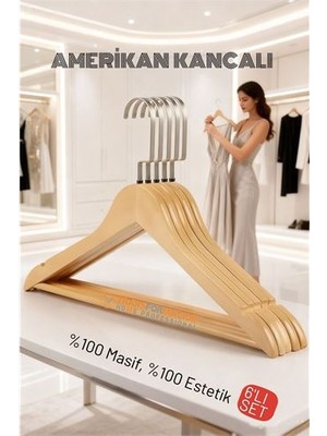 Findit Lasvegas Ahşap Elbise Askısı - 6'lı Set, Lüks Amerikan Kancalı Gardırop Düzenleyici
