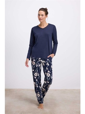 Findit Çiçek Desenli Uzun Kollu T-Shirt ve Pantolon Pijama Takımı