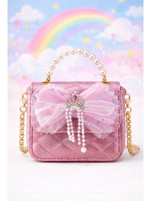 Selvira Kız Çocuk Inci Askılı Prenses Çanta – Taç Detaylı, Fiyonklu, Parlak Mini Omuz & El Çantası