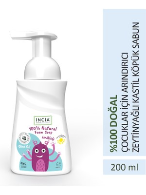 INCIA %100 Doğal Köpük Kastil Sabunu Çocuklar İçin Zeytinyağlı 10 Bitkisel Değerli Yağ Vegan 200 ml