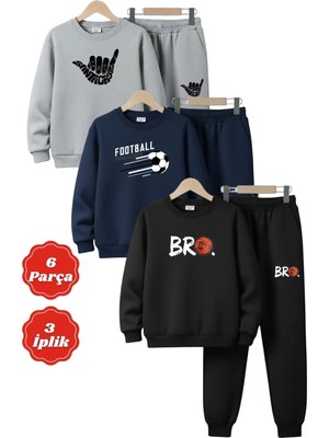 Fyk Kids 3 Iplik Kışlık Yuvarlak Yaka Baskı Detaylı Şardonlu 6 Parça Erkek Çocuk Eşofman Takımı