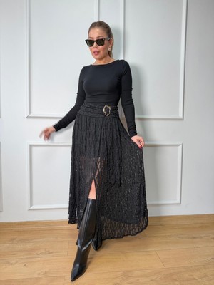 Size Özgü Siyah Gold Tokalı Dantel Etek