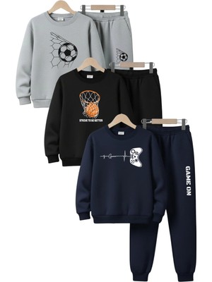 Fyk Kids 3 Iplik Kışlık Yuvarlak Yaka Baskı Detaylı Şardonlu 6 Parça Erkek Çocuk Eşofman Takımı