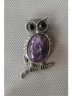 Pozitif Doğal Taş Baykuş Motifi Ametist Broş - Kolye BR10-8