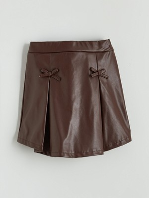 Lc Waikiki Yeni Sezon Beli Lastikli Deri Görünümlü Pileli Kız Çocuk Etek