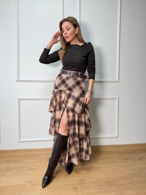 Size Özgü Kahve Ekoseli Katkat Etek