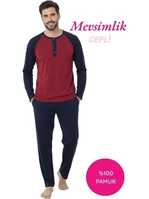 Seamlife Erkek Kırmızı-Siyah 3 Düğmeli %100 Pamuk Mevsimlik Uzun Kollu Cepli Pijama Takımı