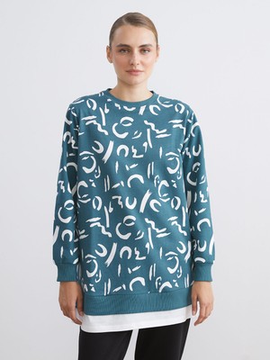 Lc Waikiki Yeni Sezon Büyük Beden Bisiklet Yaka Desenli Kadın Sweatshirt Tunik