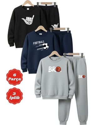 Fyk Kids 3 Iplik Kışlık Yuvarlak Yaka Baskı Detaylı Şardonlu 6 Parça Erkek Çocuk Eşofman Takımı