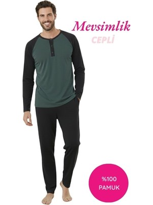 Seamlife Erkek Yeşil-Siyah 3 Düğmeli %100 Pamuk Mevsimlik Uzun Kollu Cepli Pijama Takımı