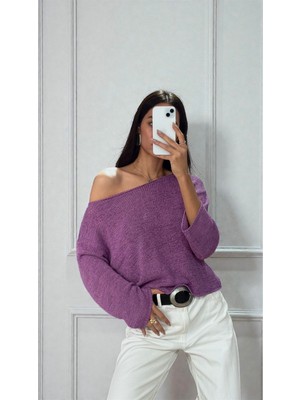 Azimut Giyim Kadın Kayık Yaka Ince Triko Kazak Mor