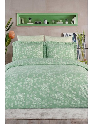 Uçkan Home %100 Pamuk Mint Yeşili Flora Fırfırlı Çift Kişilik Nevresim Seti