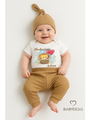 Babyden's Dedesinin Aslanı Baskılı 3’lü Bebek Takımı Pamuklu Fitilli Kumaş Şapka,manşetli Alt ,kısa Kollu Zıbın