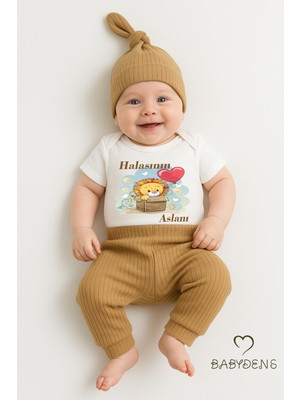 Babyden's Halasının Aslanı Baskılı 3’lü Bebek Takımı Pamuklu Fitilli Kumaş Şapka,manşetli  Alt ,kısa Kollu Zıbın