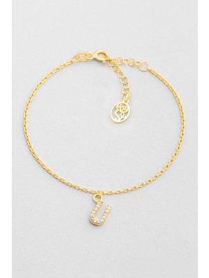 So CHIC U Harfi 18 Ayar Sarı Altın Kaplama 18 Cm Gümüş Bileklik