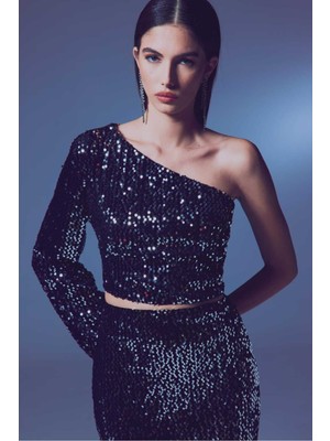 Alpaco Payetli Tek Kol/tek Omuz Açık Crop Bluz