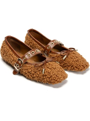 Emienza Blıss Altın Kapsül ve Toka Detaylı Fiyonklu ve Peluş Bayan Babet