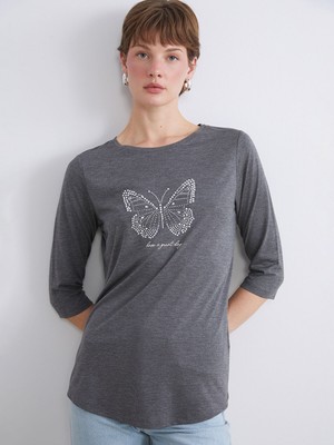 Lc Waikiki Yeni Sezon Bisiklet Yaka Taşlı Kadın Tişört