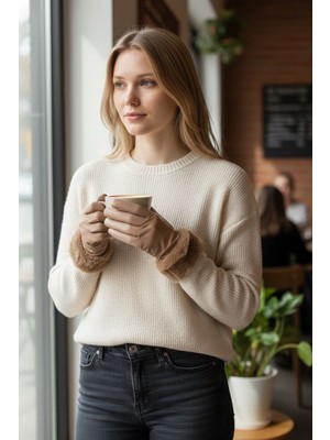 love Deri Kadın Eldiven Bileği Kürklü Vizon Rengi