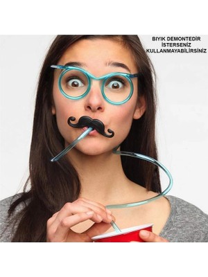 E-Woman Pipetli Parti Gözlüğü - Çocuk ve Yetişkin Bıyıklı Pipet Gözlük Mavi Renk 18X14 cm - Lisinya