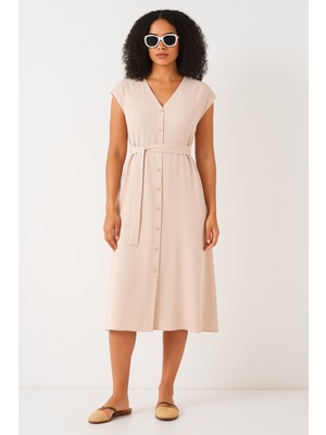 Alpaco Yazlık Elbise Midi Boy - Rahat - Kuşaklık ve Düğmeli