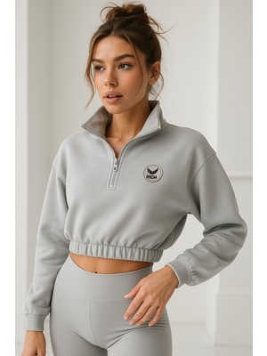 Rich Kadın Gri Yarım Fermuarlı Beli Lastikli Crop Sweatshirt